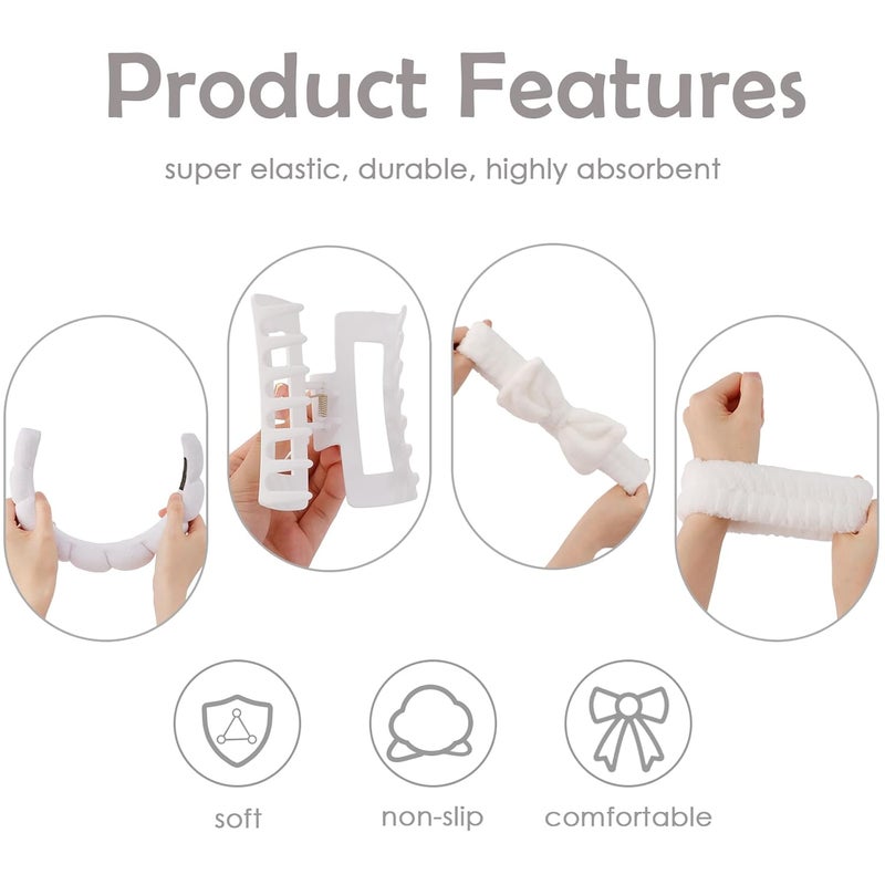 Canitor Spa Headband Wrist Bands with Hair Clips White Non Slip Puffy Terry Cloth Makeup Skincare for Washing Face Skin Care Preppy Teen Girl Gifts Women Cute Trendy Stuff Stocking Stuffer - Image 2